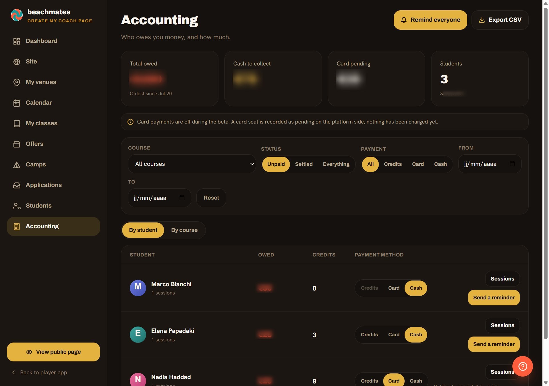 Coach-Buchhaltungs-Dashboard mit Salden und Zahlungsstatus