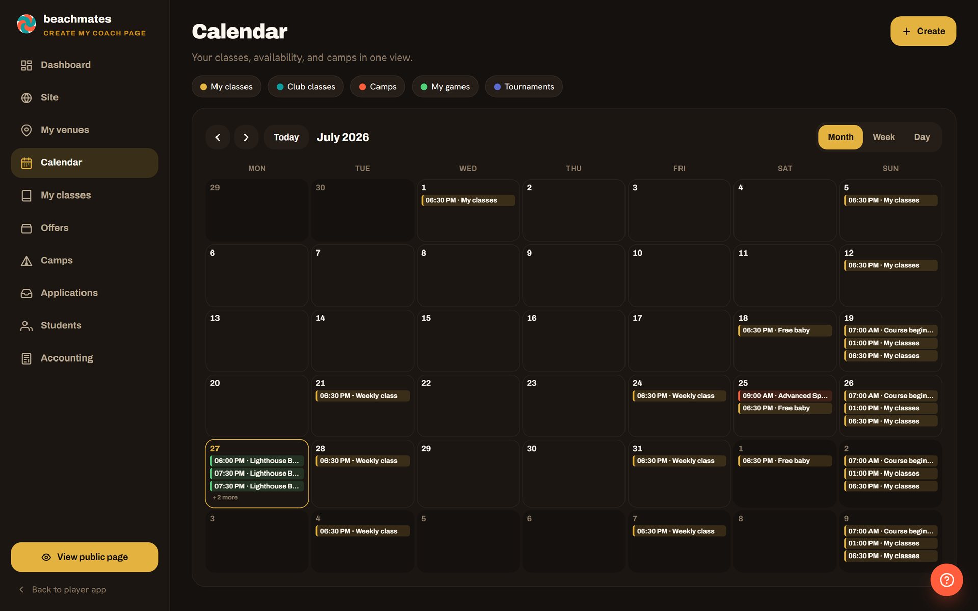 Coach-Studio-Kalender mit einem ganzen Monat voller Kurse, Sessions und Camps
