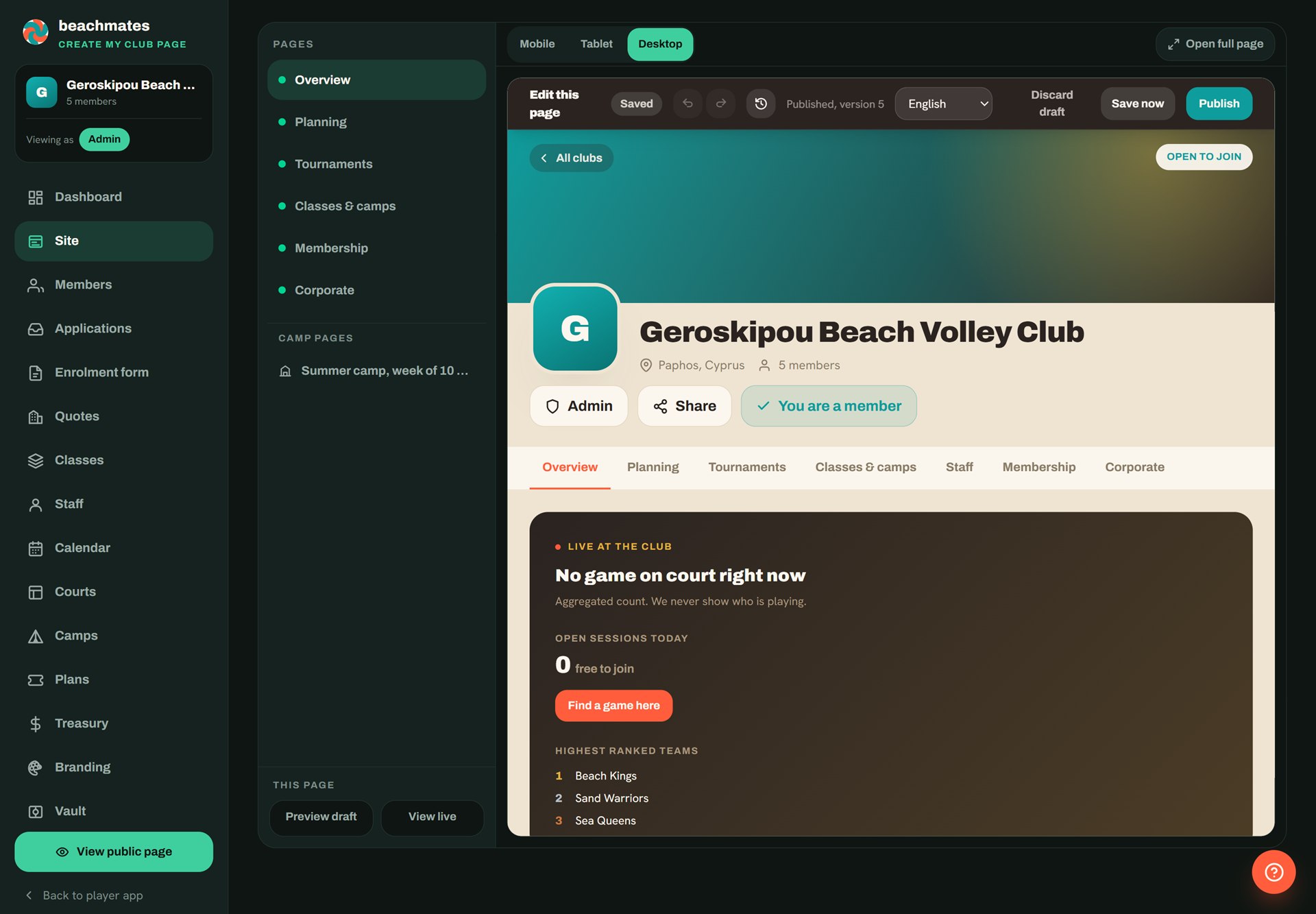 Studio del club su Beachmates, l'elenco delle pagine del club con l'anteprima dal vivo e i comandi di pubblicazione