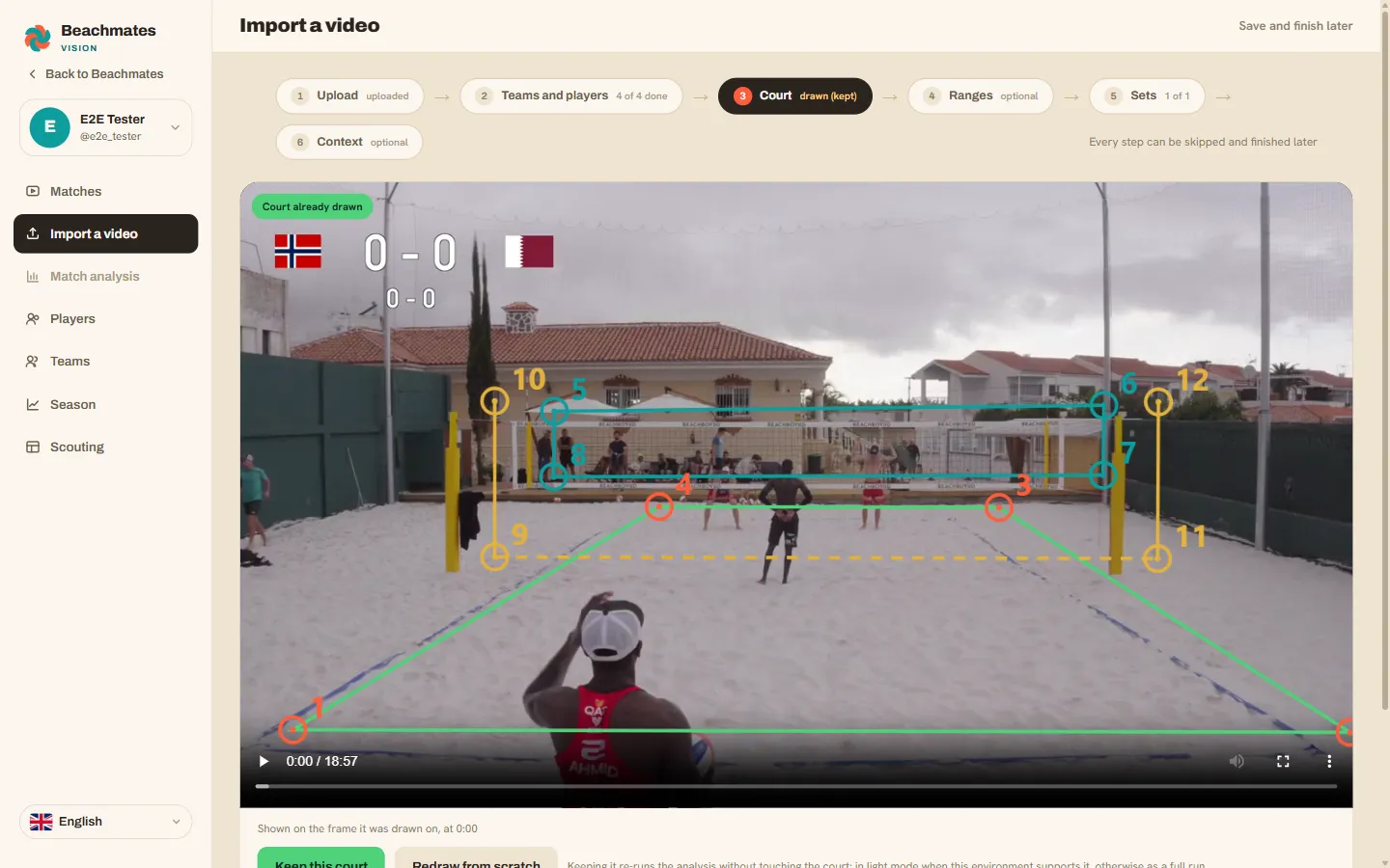 The court traced on the video with its reference points, the geometry that turns the image into metres.