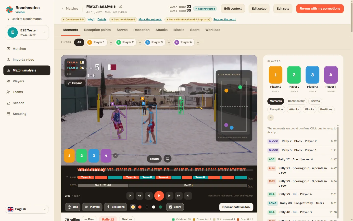 The match video with the four players outlined, their skeletons drawn and the ball tracked.